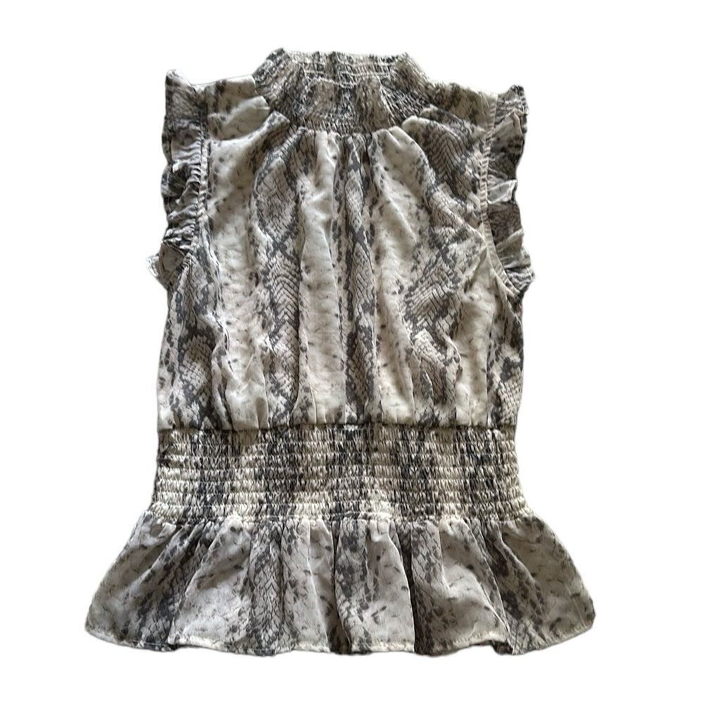 Japna Smocked Neck Ruflle Snakeskin Print Chiffon Blouse Sleeveless Size S